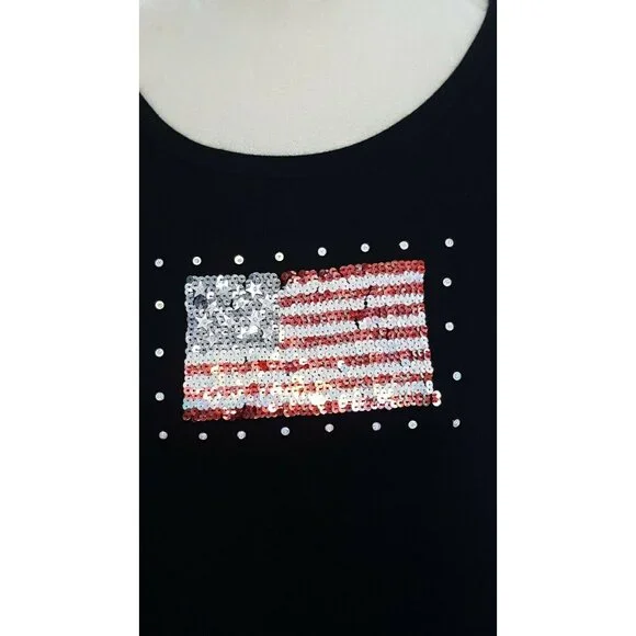 In Focus Womens Top Size XXL Short Sleeved Sequined American Flag Knit Black - Picture 2 of 7